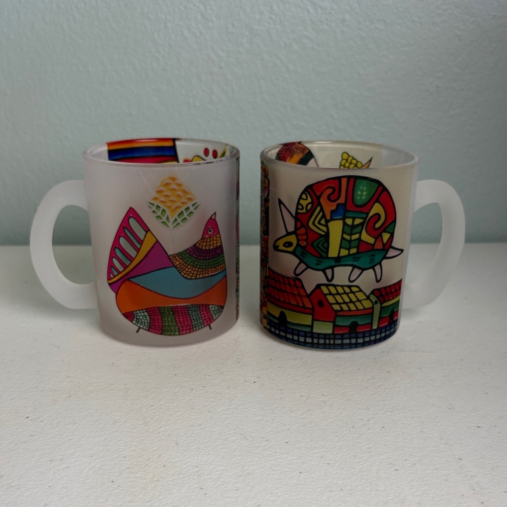 Colorful Frosted Glass Mugs Set of 2 Featuring Cubist Art